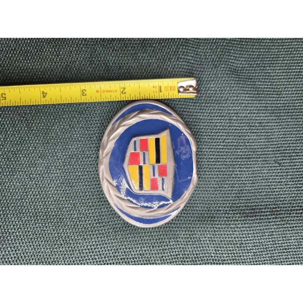 Vintage Cadillac Emblem Blue Enamel Classic Car Belt Buckle Silver-Tone